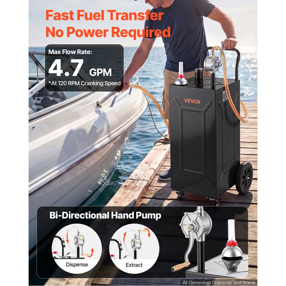VEVOR 35 Gallon Fuel Gas Caddy, Carbon Steel, Portable Fuel Transfer Storage Tank with Manual Pump & 4 Wheels, Gasoline