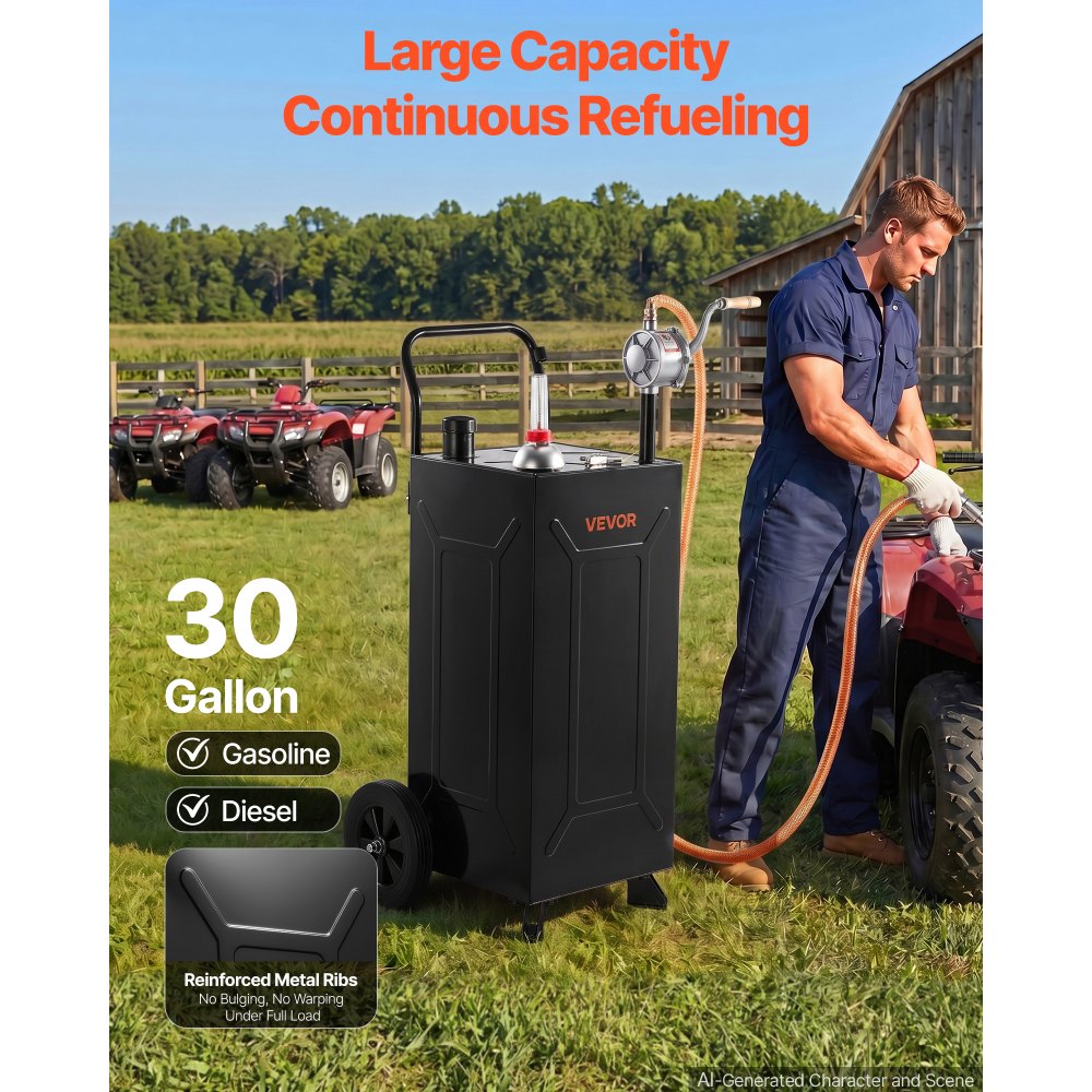 VEVOR 30 Gallon Fuel Gas Caddy, Carbon Steel, Portable Fuel Transfer Storage Tank with Manual Pump & 2 Wheels, Gasoline