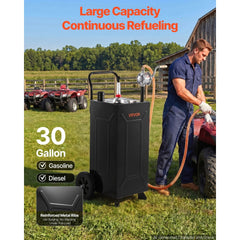 VEVOR 30 Gallon Fuel Gas Caddy, Carbon Steel, Portable Fuel Transfer Storage Tank with Manual Pump & 2 Wheels, Gasoline