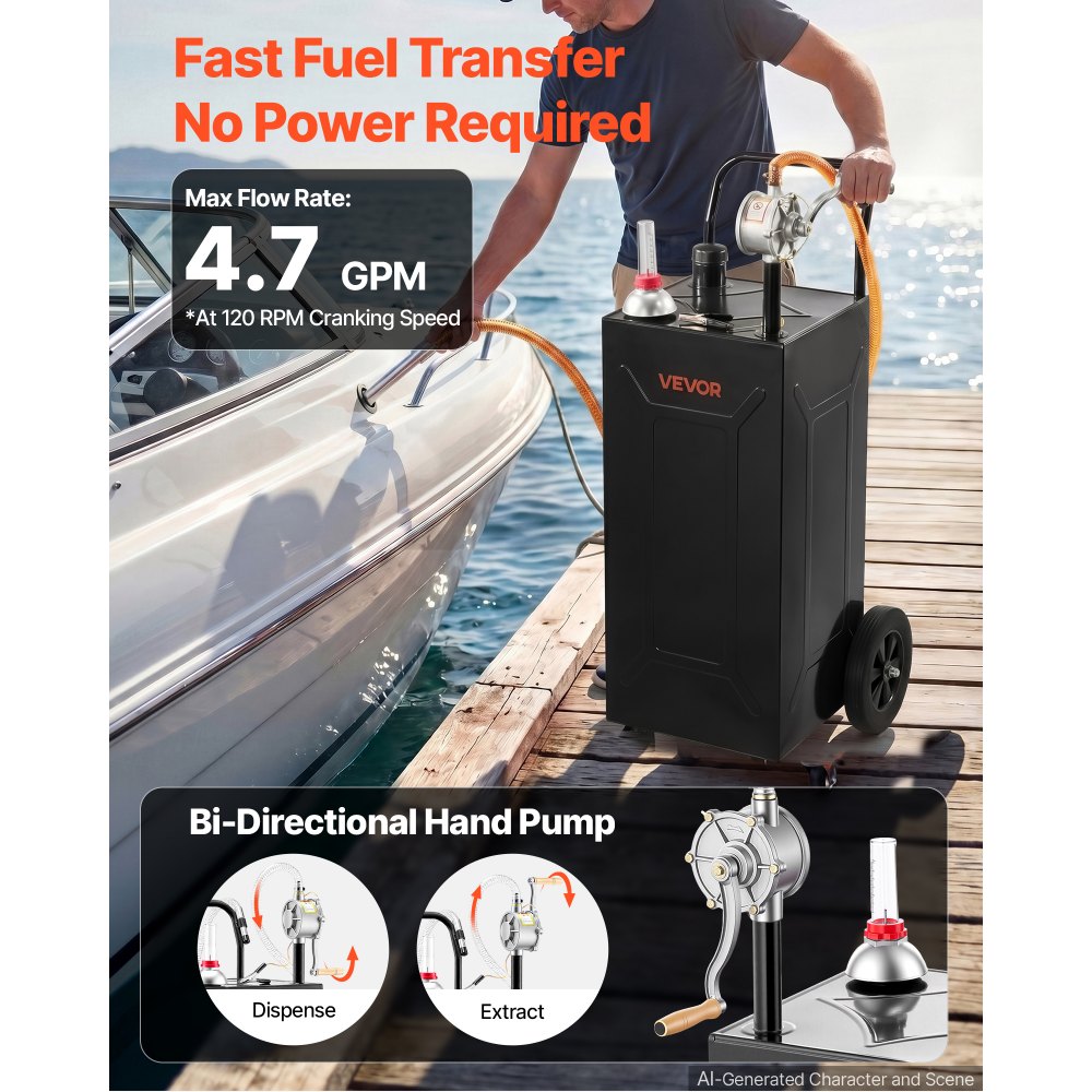 VEVOR 30 Gallon Fuel Gas Caddy, Carbon Steel, Portable Fuel Transfer Storage Tank with Manual Pump & 2 Wheels, Gasoline