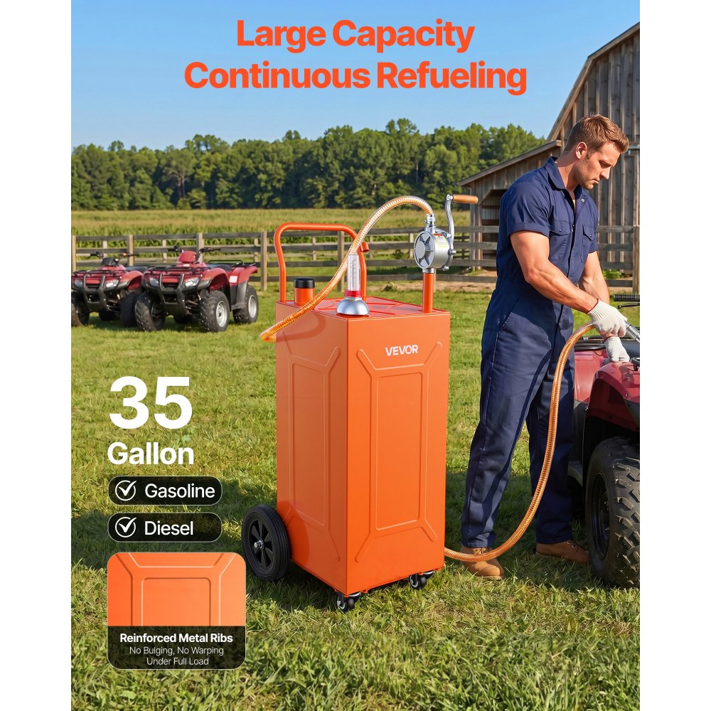 VEVOR 35 Gallon Fuel Gas Caddy, Carbon Steel, Portable Fuel Transfer Storage Tank with Manual Pump & 4 Wheels, Gasoline