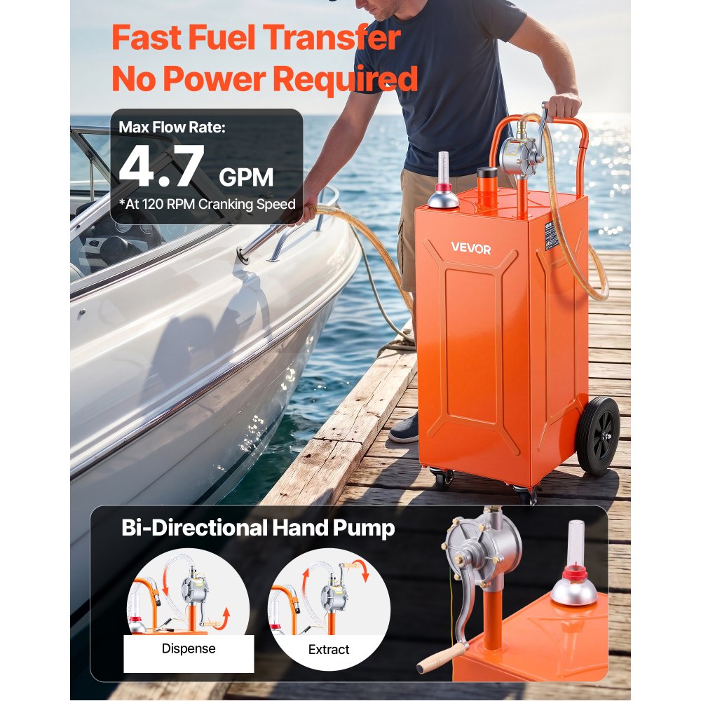 VEVOR 35 Gallon Fuel Gas Caddy, Carbon Steel, Portable Fuel Transfer Storage Tank with Manual Pump & 4 Wheels, Gasoline