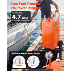 VEVOR 35 Gallon Fuel Gas Caddy, Carbon Steel, Portable Fuel Transfer Storage Tank with Manual Pump & 4 Wheels, Gasoline
