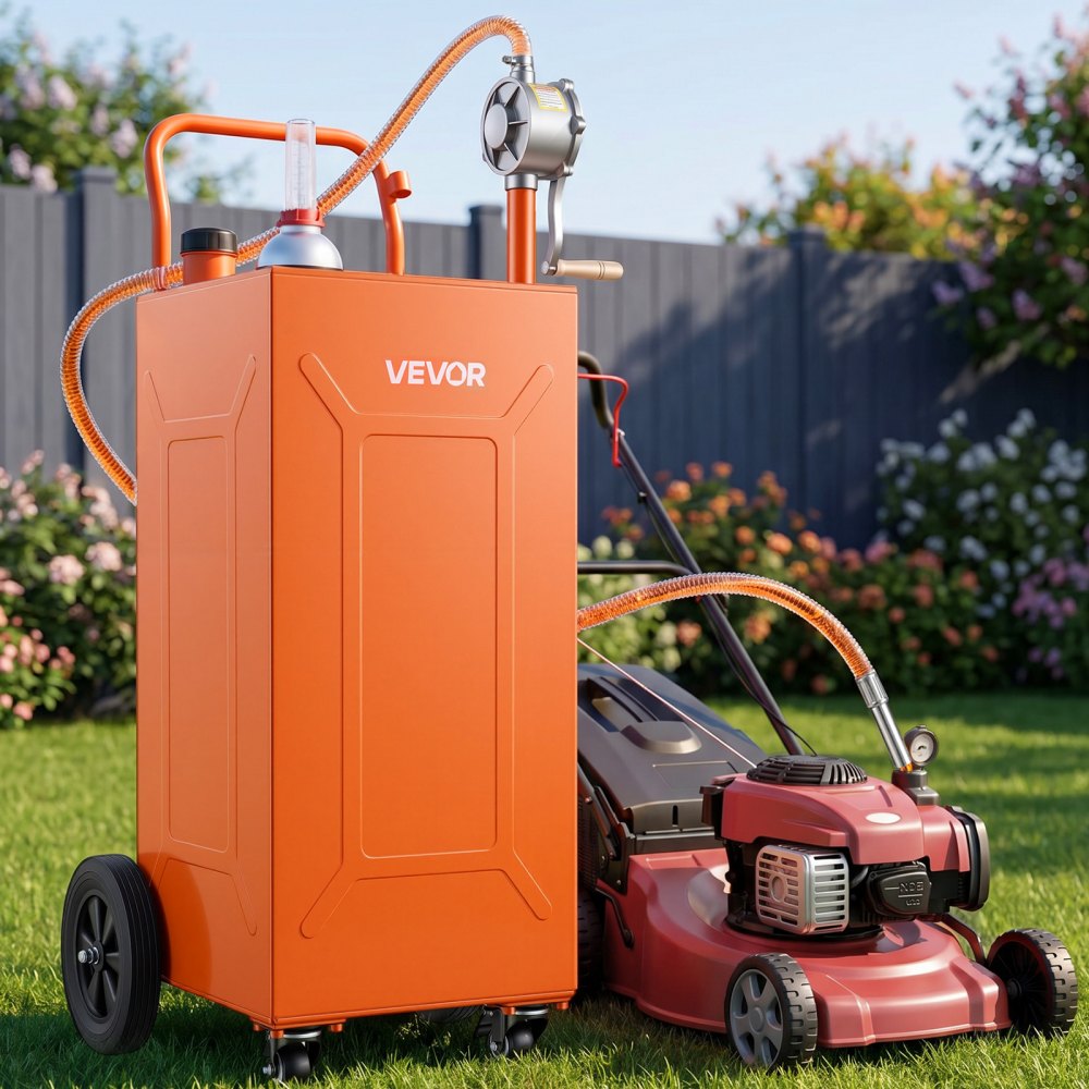 VEVOR 35 Gallon Fuel Gas Caddy, Carbon Steel, Portable Fuel Transfer Storage Tank with Manual Pump & 4 Wheels, Gasoline