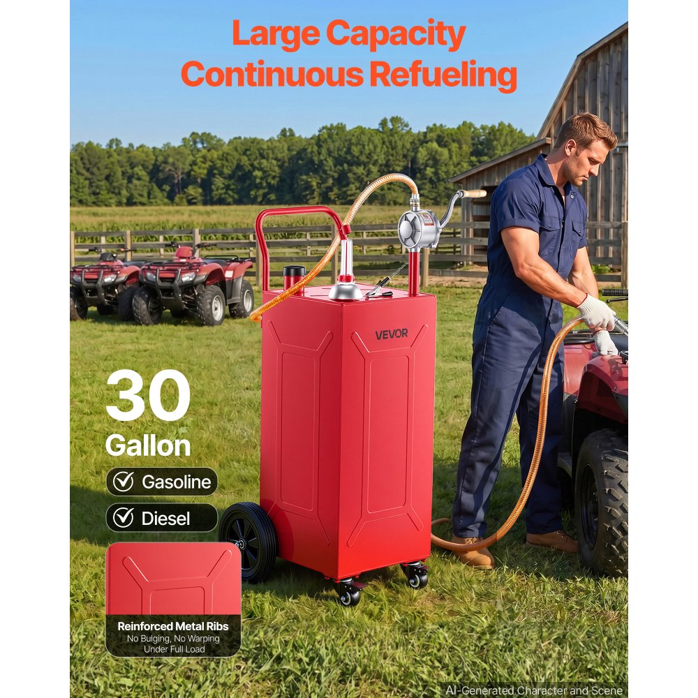 VEVOR 30 Gallon Fuel Gas Caddy, Carbon Steel, Portable Fuel Transfer Storage Tank with Manual Pump and 4 Wheels