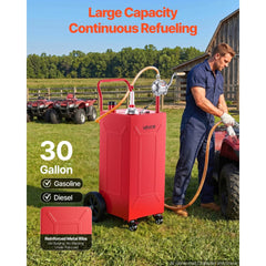 VEVOR 30 Gallon Fuel Gas Caddy, Carbon Steel, Portable Fuel Transfer Storage Tank with Manual Pump and 4 Wheels