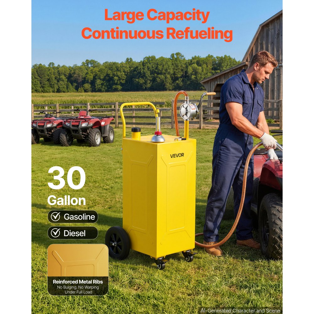 VEVOR 30 Gallon Fuel Gas Caddy, Carbon Steel, Portable Fuel Transfer Storage Tank with Manual Pump & 4 Wheels, Gasoline