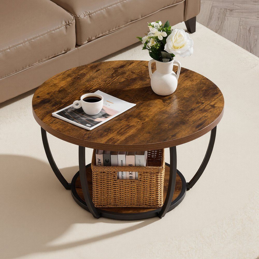 VEVOR Coffee Table, Modern Round Coffee Table, 2 Tiers Wooden Circle Center Desk with Open Storage, Minimalist Sturdy