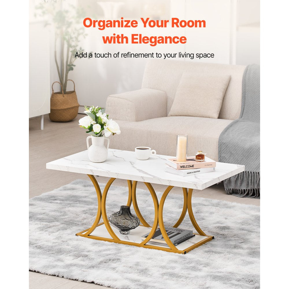 VEVOR Coffee Table, Modern Faux Marble Coffee Table, 2-Tier Rectangle Center Desk with Geometric Legs, Minimalist
