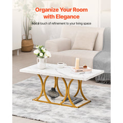 VEVOR Coffee Table, Modern Faux Marble Coffee Table, 2-Tier Rectangle Center Desk with Geometric Legs, Minimalist