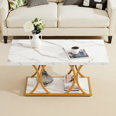 VEVOR Coffee Table, Modern Faux Marble Coffee Table, 2-Tier Rectangle Center Desk with Geometric Legs, Minimalist