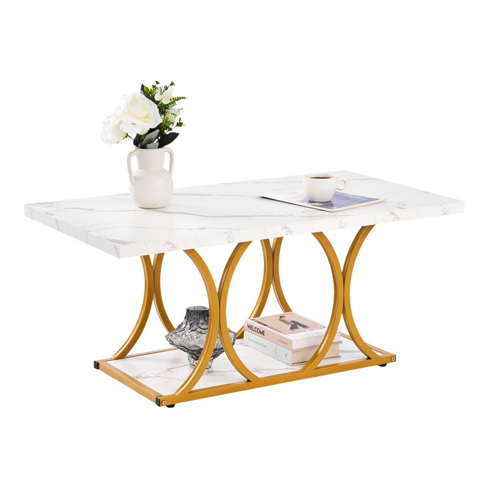 VEVOR Coffee Table, Modern Faux Marble Coffee Table, 2-Tier Rectangle Center Desk with Geometric Legs, Minimalist