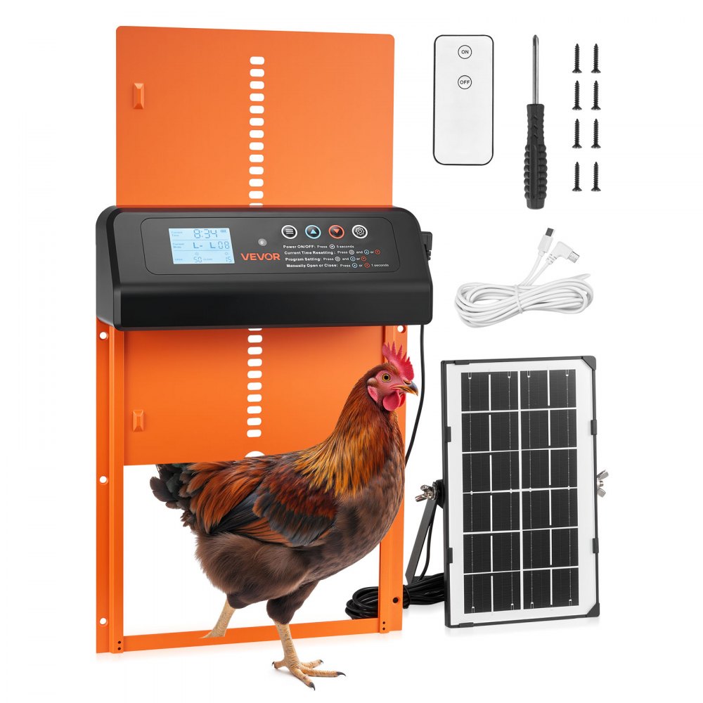 VEVOR Automatic Chicken Coop Door, Solar & Battery Powered Chicken Door with LCD Display, Remote Control, Light Sensor