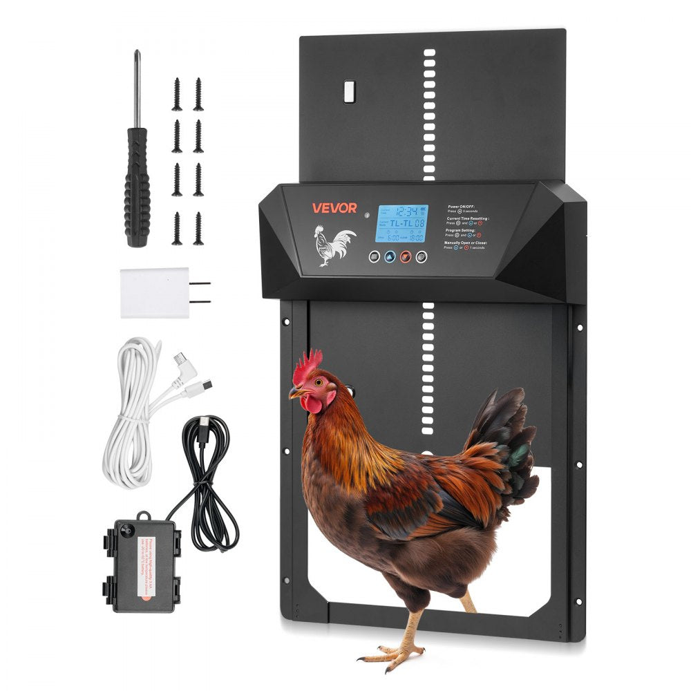 VEVOR Automatic Chicken Coop Door, DC & Battery Powered Chicken Door with LCD Display, Light Sensor, Timer & Manual