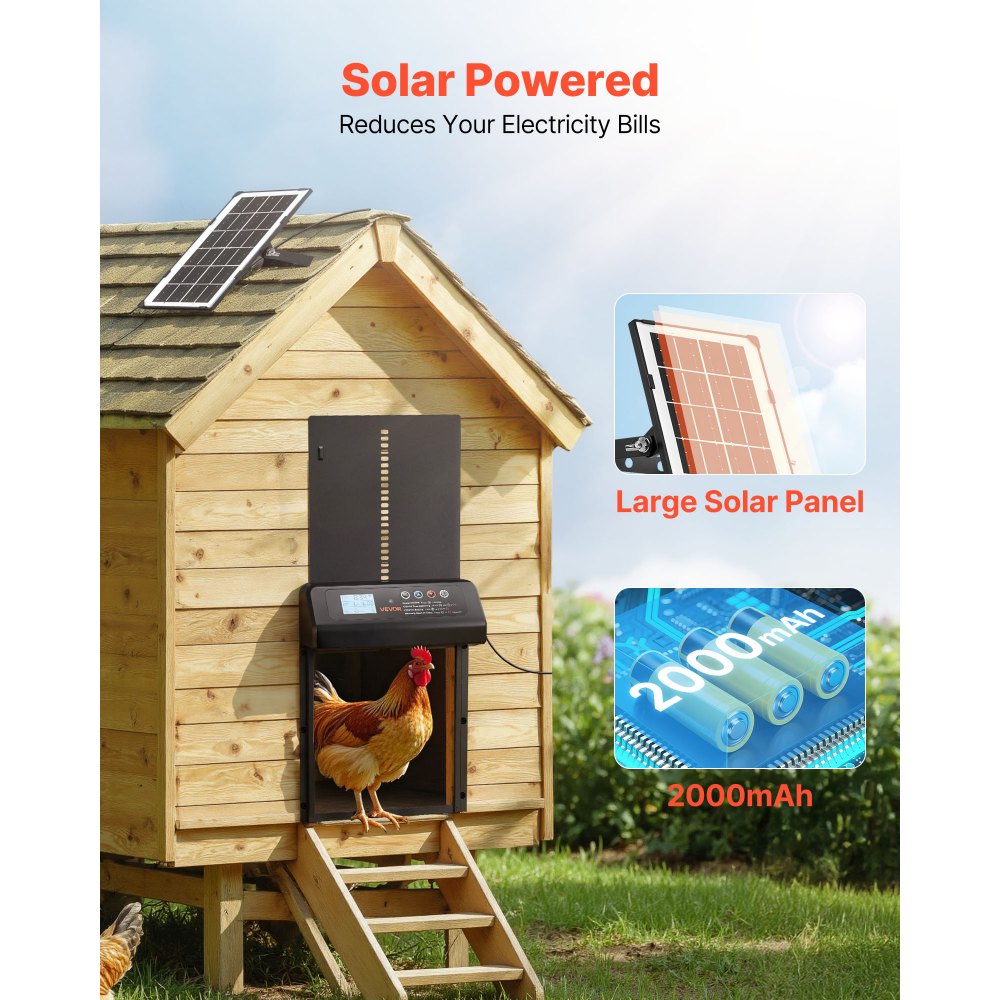 VEVOR Automatic Chicken Coop Door, Solar & Battery Powered Chicken Door with LCD Display, Remote Control, Light Sensor