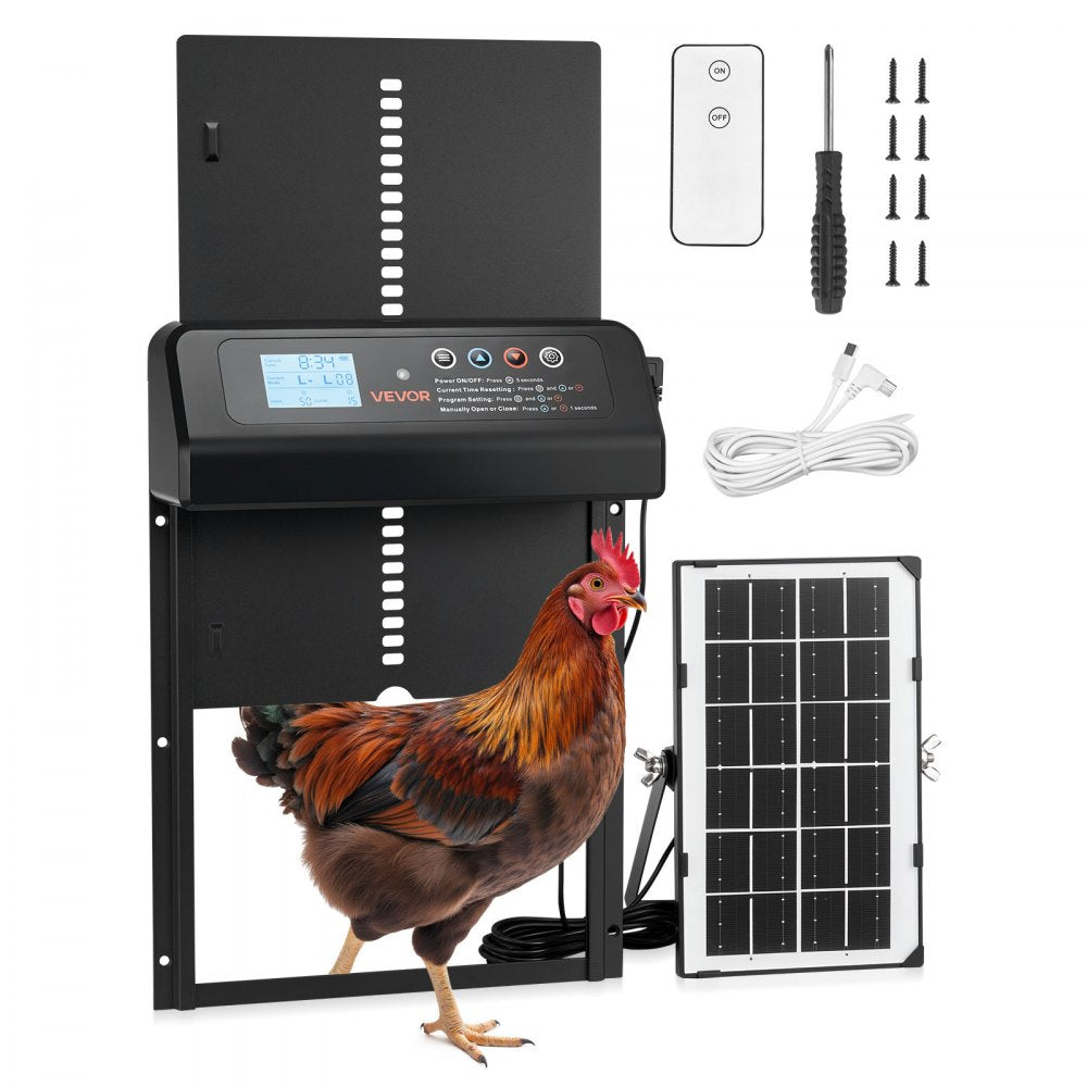 VEVOR Automatic Chicken Coop Door, Solar & Battery Powered Chicken Door with LCD Display, Remote Control, Light Sensor