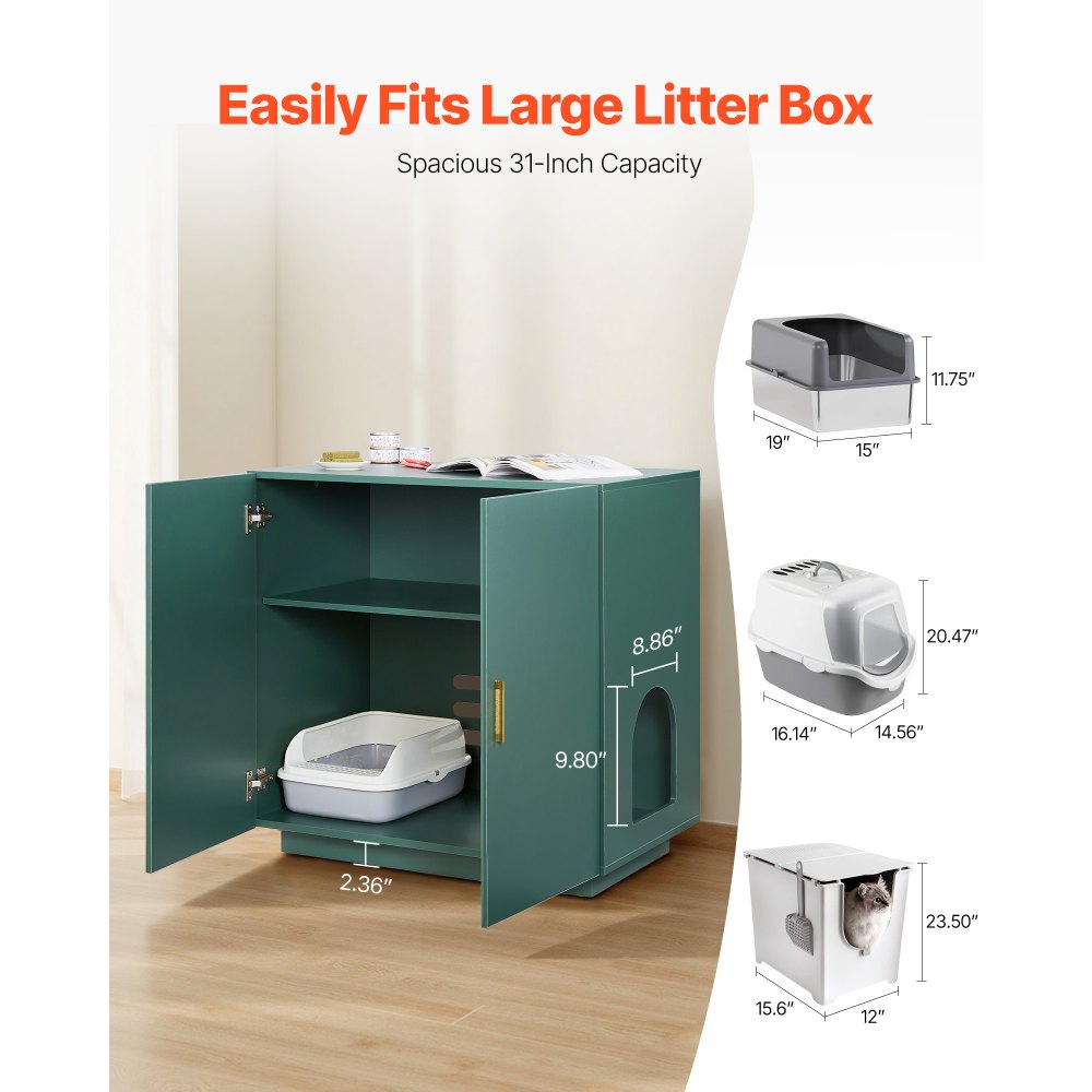 VEVOR Cat Litter Box Enclosure, 31.5 in Hidden Litter Box Cabinet, Wooden Indoor Cat Washroom with Ventilated Holes