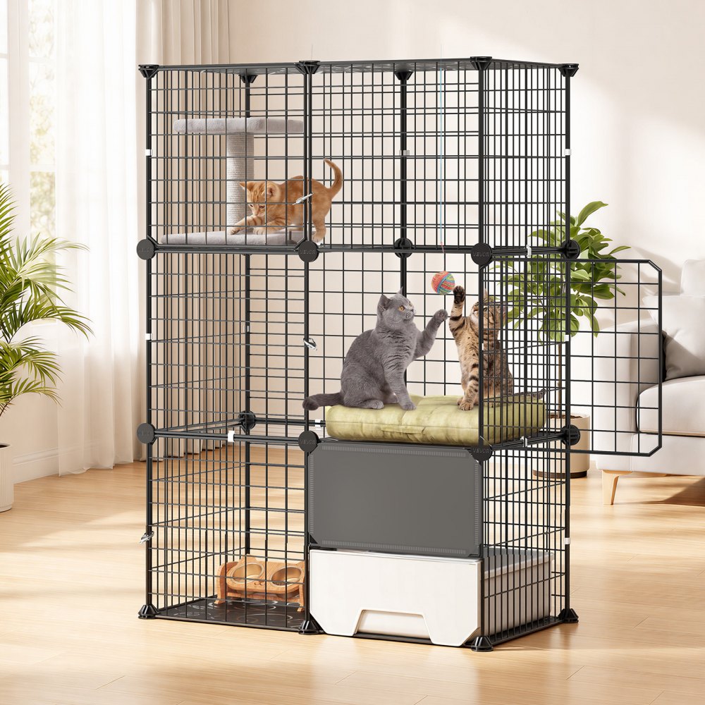 VEVOR Cat Cage 3-Tier 28"x17.91"x40.98" DIY Cat Playpen with Litter Box, Indoor Enclosure Detachable Metal Wire Kennel