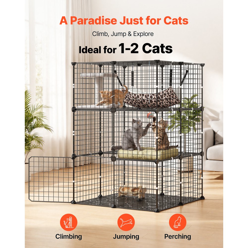 VEVOR Cat Cage 3-Tier 27.99"x27.99"x40.98" DIY Cat Playpen with Hammock, Indoor Enclosure Detachable Metal Wire Kennel
