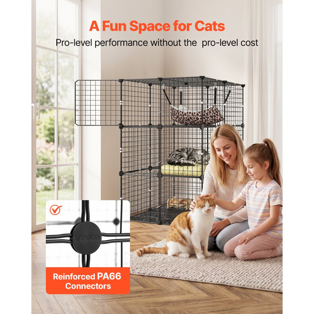 VEVOR Cat Cage 3-Tier 27.99"x27.99"x40.98" DIY Cat Playpen with Hammock, Indoor Enclosure Detachable Metal Wire Kennel