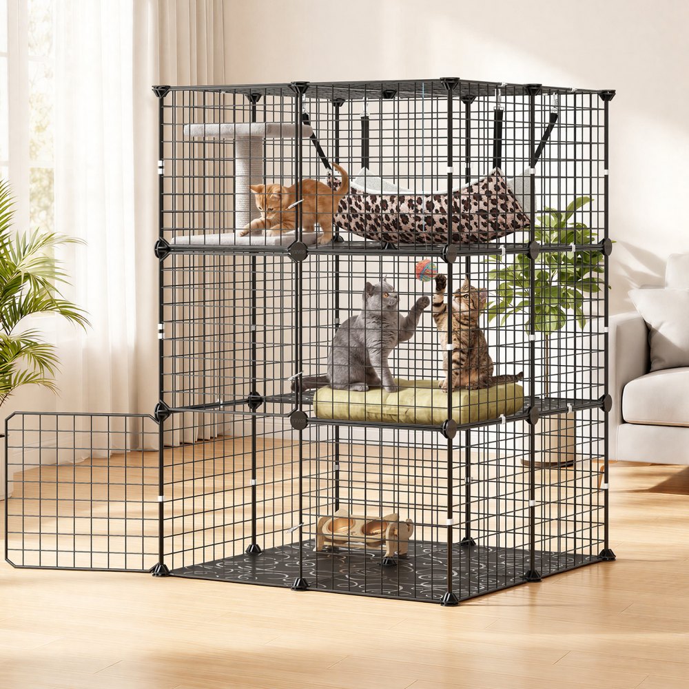 VEVOR Cat Cage 3-Tier 27.99"x27.99"x40.98" DIY Cat Playpen with Hammock, Indoor Enclosure Detachable Metal Wire Kennel