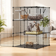 VEVOR Cat Cage 3-Tier 27.99"x27.99"x40.98" DIY Cat Playpen with Hammock, Indoor Enclosure Detachable Metal Wire Kennel