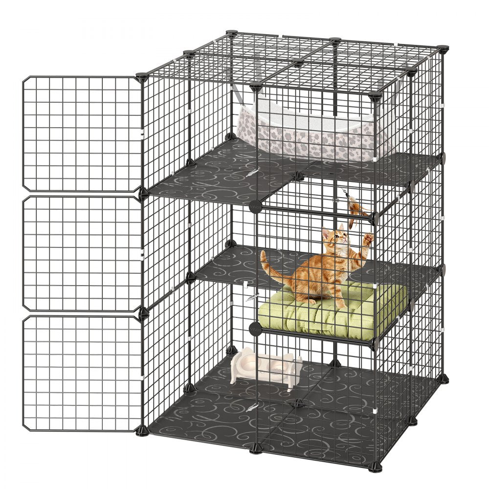 VEVOR Cat Cage 3-Tier 27.99"x27.99"x40.98" DIY Cat Playpen with Hammock, Indoor Enclosure Detachable Metal Wire Kennel