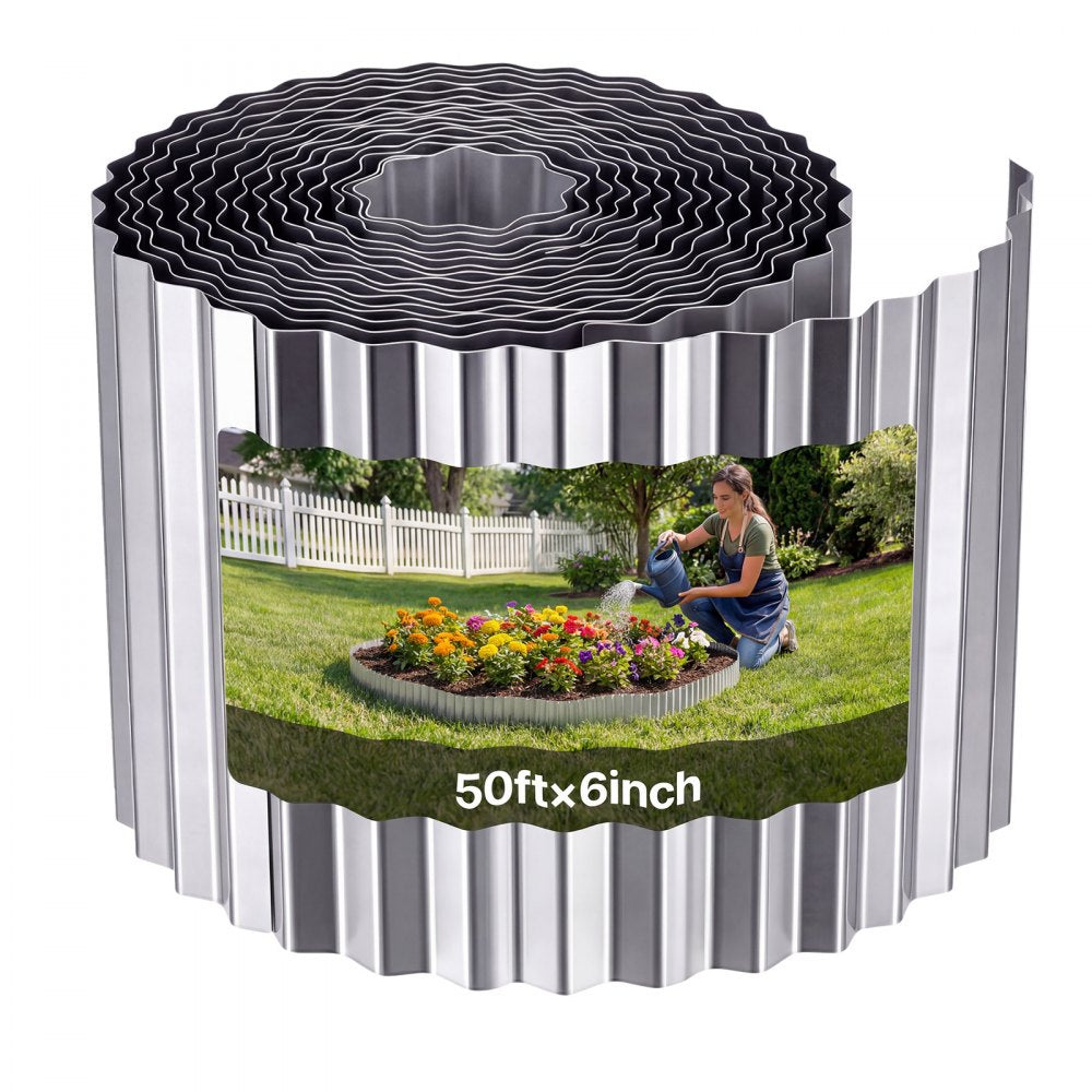 VEVOR Galvanized Steel Landscape Edging, 50 ft x 6 in Metal Edging for Landscaping with Gloves, Easy-to-Install