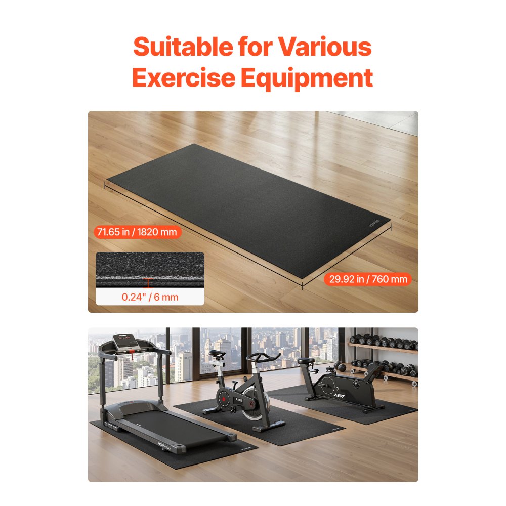 VEVOR Treadmill Mat for Carpet Floor, 1/4" Thick, 30" x 72" Exercise Equipment Mat for Treadmills, Stationary &