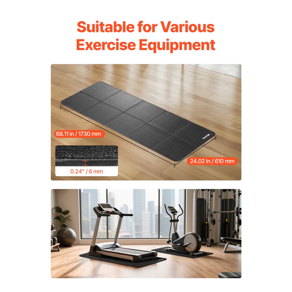 VEVOR Foldable Walking Pad Treadmill Mat, 1/4" Thick, 24" x 68" Exercise Equipment Mat for Elliptical on Carpet