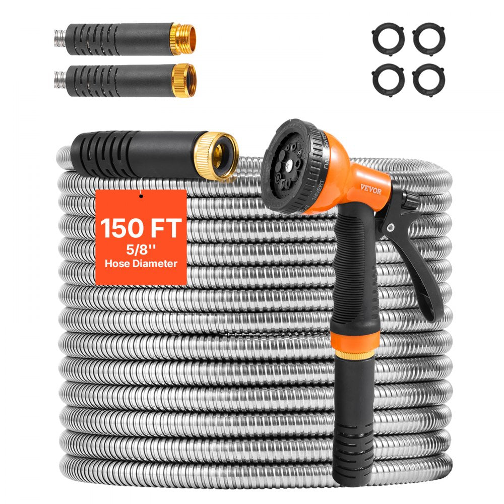 VEVOR Metal Garden Hose 150 ft, Rust Proof Stainless Steel Water Hose, Heavy Duty Backyard Hose with 10 Function