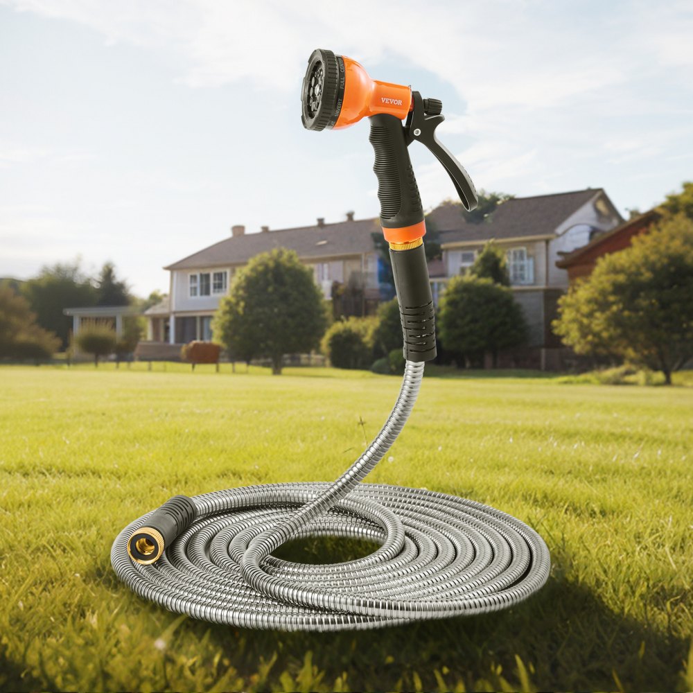 VEVOR Metal Garden Hose 200 ft, Rust Proof Stainless Steel Water Hose, Heavy Duty Backyard Hose with 10 Function
