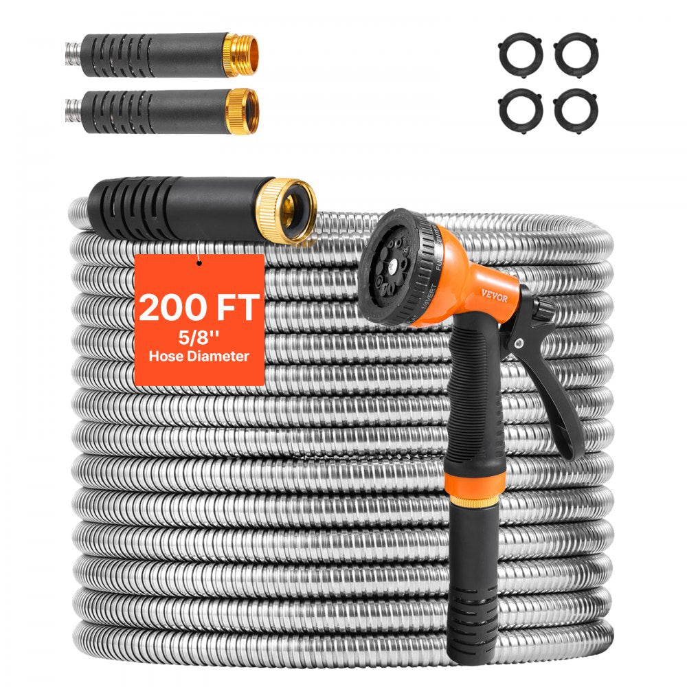 VEVOR Metal Garden Hose 200 ft, Rust Proof Stainless Steel Water Hose, Heavy Duty Backyard Hose with 10 Function