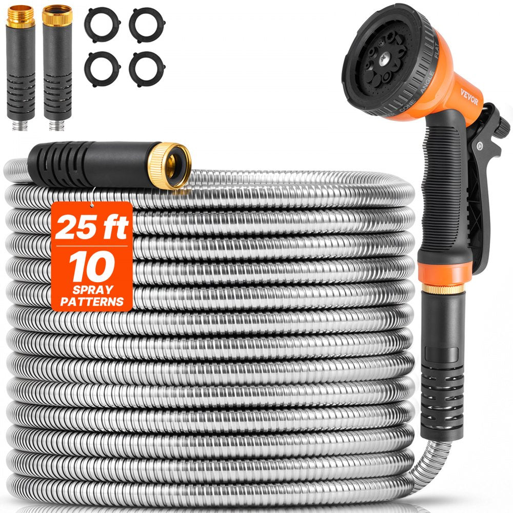 VEVOR Metal Garden Hose 25 ft, Rust Proof Stainless Steel Water Hose, Heavy Duty Backyard Hose with 10 Function Nozzle