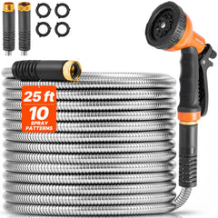 VEVOR Metal Garden Hose 25 ft, Rust Proof Stainless Steel Water Hose, Heavy Duty Backyard Hose with 10 Function Nozzle