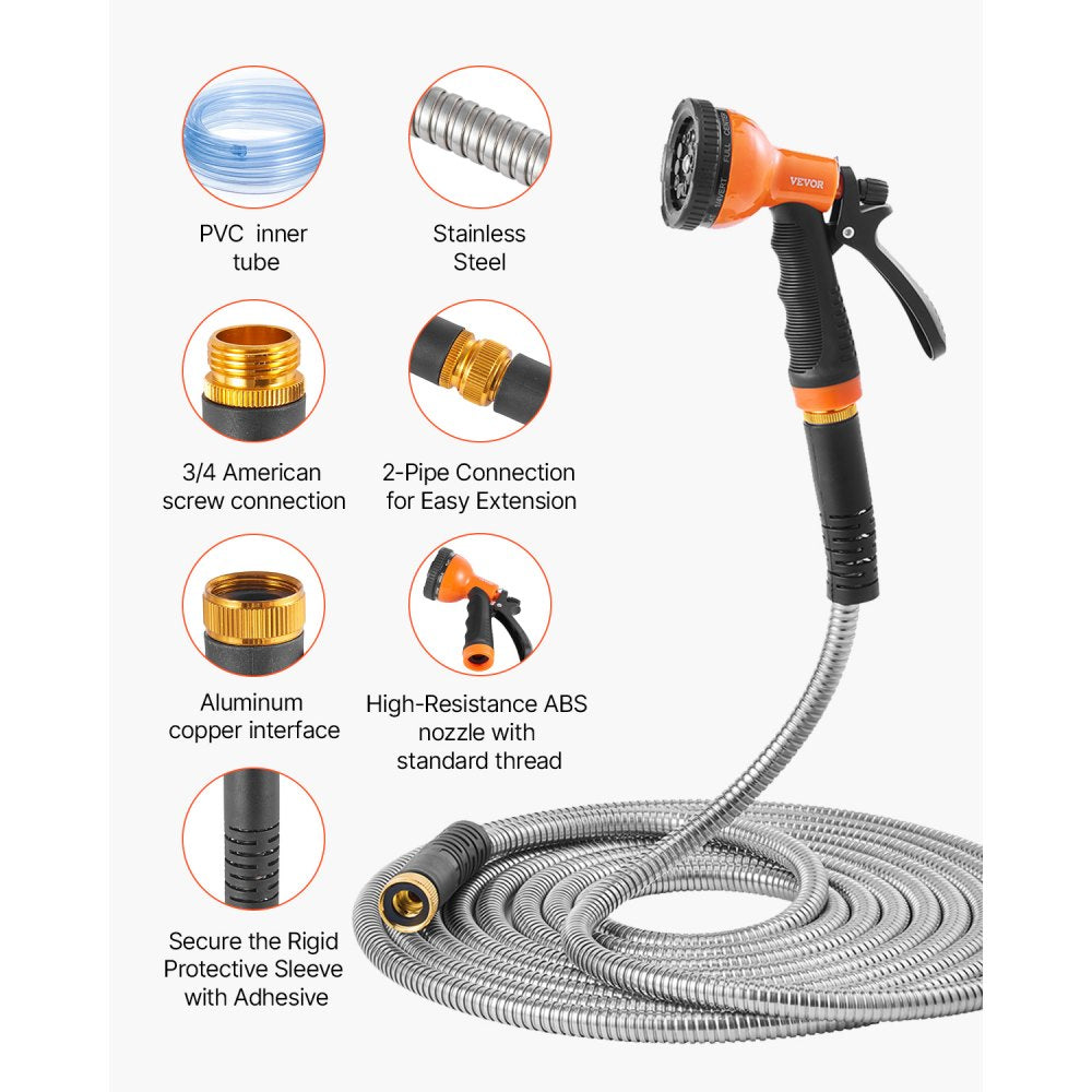 VEVOR Metal Garden Hose 50 ft, Rust Proof Stainless Steel Water Hose, Heavy Duty Backyard Hose with 10 Function Nozzle