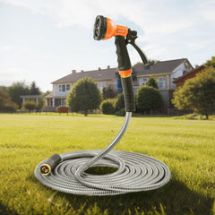 VEVOR Metal Garden Hose 50 ft, Rust Proof Stainless Steel Water Hose, Heavy Duty Backyard Hose with 10 Function Nozzle