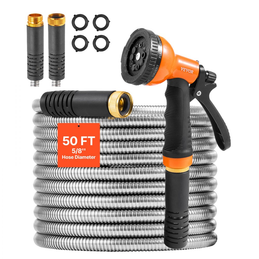 VEVOR Metal Garden Hose 50 ft, Rust Proof Stainless Steel Water Hose, Heavy Duty Backyard Hose with 10 Function Nozzle