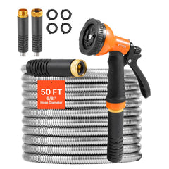 VEVOR Metal Garden Hose 50 ft, Rust Proof Stainless Steel Water Hose, Heavy Duty Backyard Hose with 10 Function Nozzle