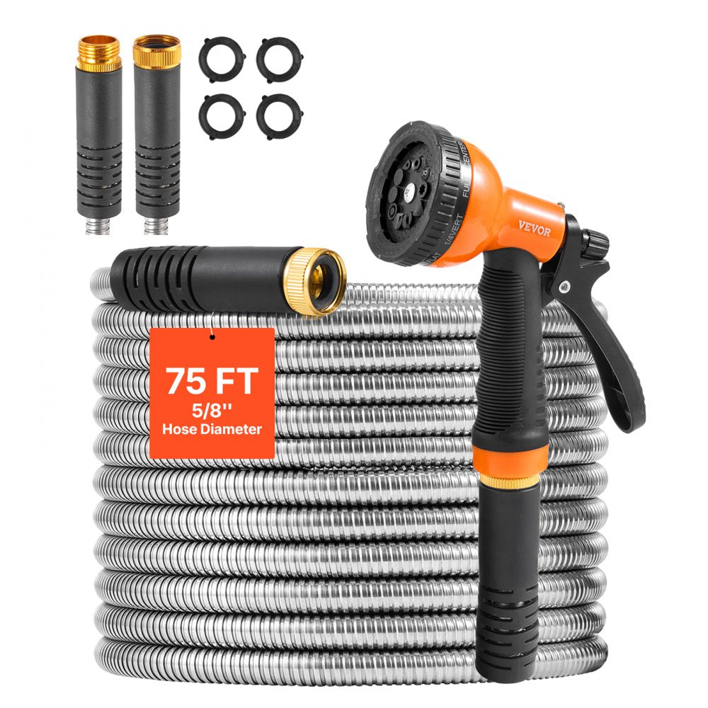 VEVOR Metal Garden Hose 75 ft, Rust Proof Stainless Steel Water Hose, Heavy Duty Backyard Hose with 10 Function Nozzle