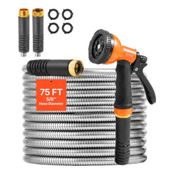 VEVOR Metal Garden Hose 75 ft, Rust Proof Stainless Steel Water Hose, Heavy Duty Backyard Hose with 10 Function Nozzle