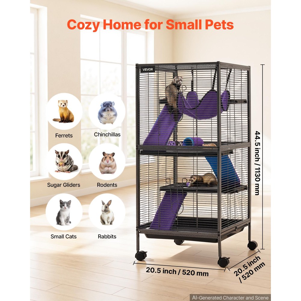 VEVOR Metal Small Animal Cage 44.5"H 4-Tier Rolling Ferret Cage On Wheels, 0.55" Wire Spacing Large Cages with Hammock