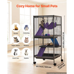 VEVOR Metal Small Animal Cage 44.5"H 4-Tier Rolling Ferret Cage On Wheels, 0.55" Wire Spacing Large Cages with Hammock