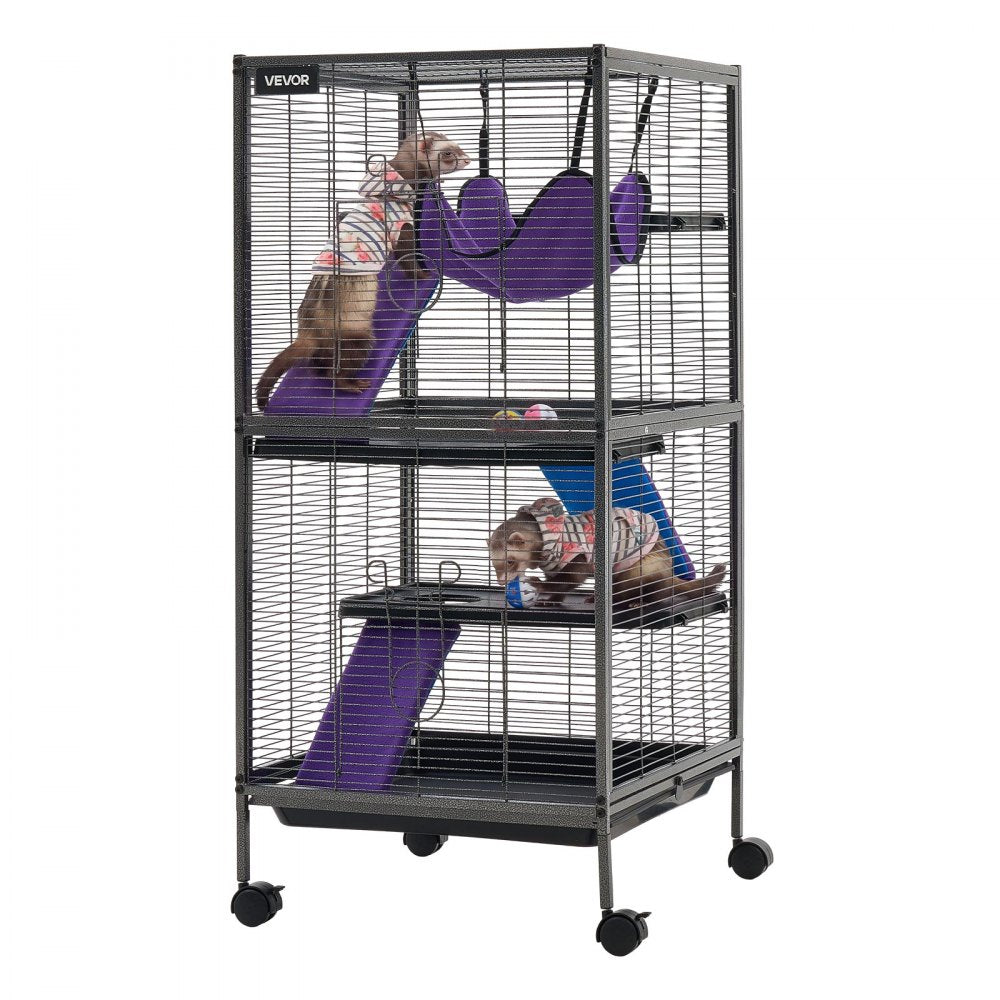 VEVOR Metal Small Animal Cage 44.5"H 4-Tier Rolling Ferret Cage On Wheels, 0.55" Wire Spacing Large Cages with Hammock