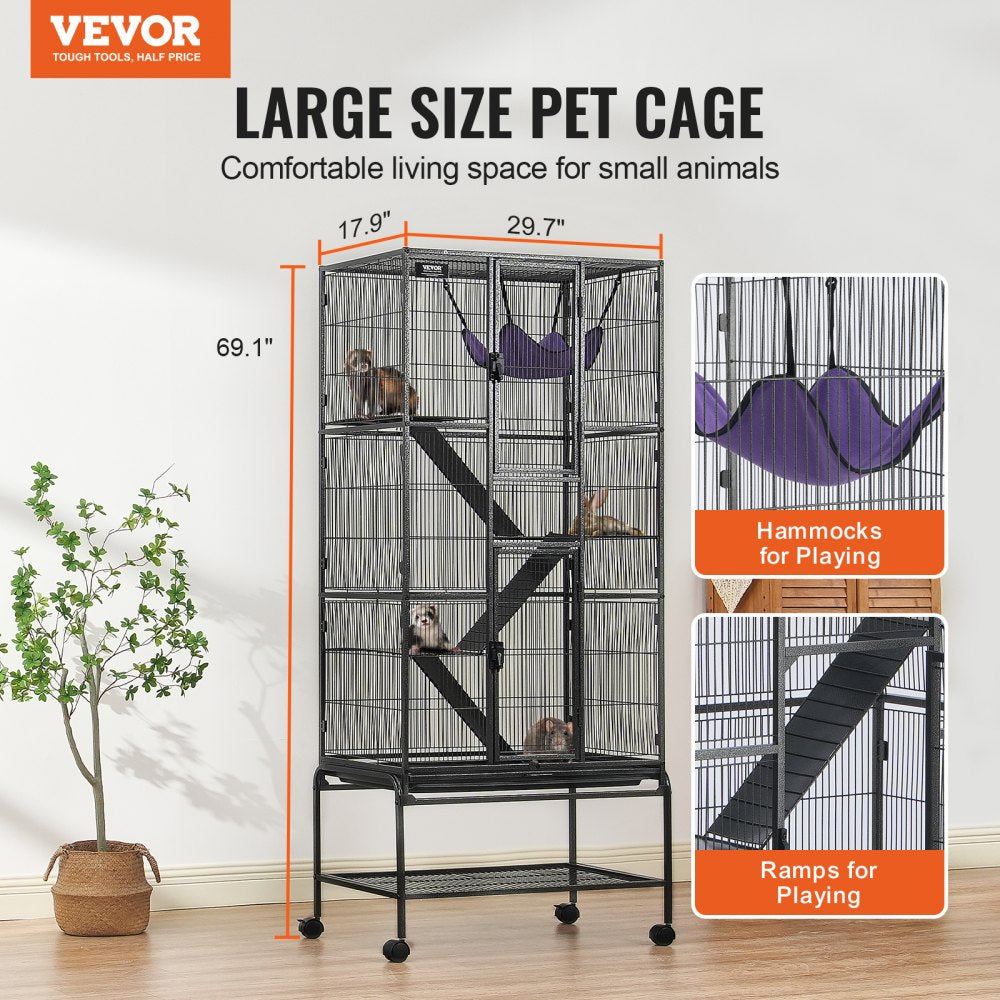 VEVOR 69" Rolling Metal Ferret Cage, Large 4-Tier Cage, Small Animal Cage with Ramps & Tray, Easy to Set up for Pet