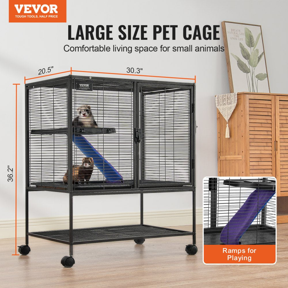 VEVOR 36" Rolling Metal Ferret Cage, Large 2-Tier Cage, Small Animal Cage with Ramps & Tray, Easy to Set up for Pet