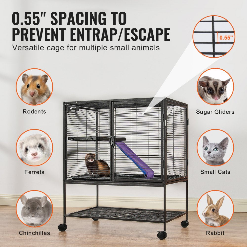 VEVOR 36" Rolling Metal Ferret Cage, Large 2-Tier Cage, Small Animal Cage with Ramps & Tray, Easy to Set up for Pet