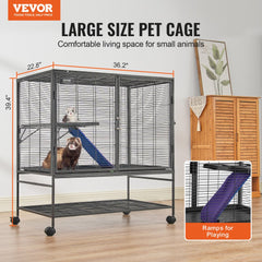 VEVOR 39" Rolling Metal Ferret Cage, Large 2-Tier Cage, Small Animal Cage with Ramps & Tray, Easy to Set up for Pet