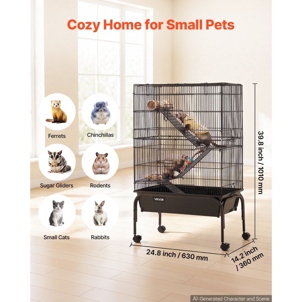 VEVOR Metal Small Animal Cage 39.8"H 3-Tier Rolling Ferret Cage On Wheels, 0.55" Wire Spacing Large Cages with Hammock