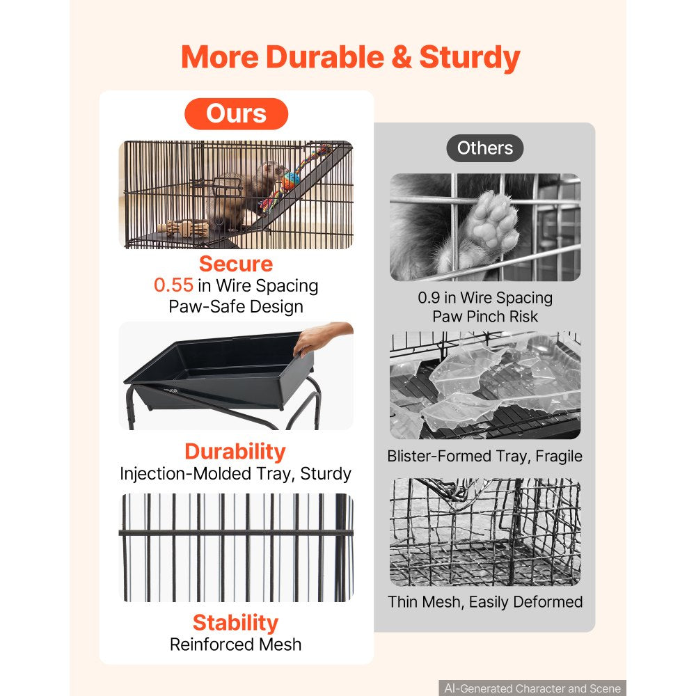 VEVOR Metal Small Animal Cage 39.8"H 3-Tier Rolling Ferret Cage On Wheels, 0.55" Wire Spacing Large Cages with Hammock